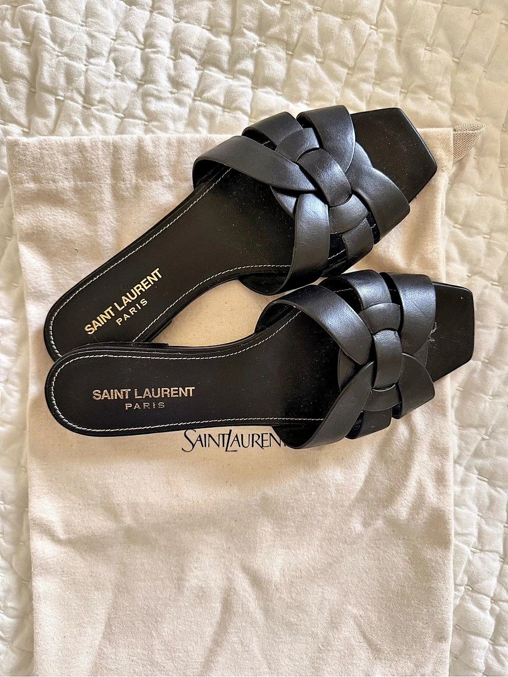 Saint Laurent Tribute Flat Slide Sandal in Smooth Leather Black Sandals